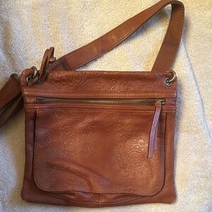 Fossil Brown Floral Embossed Leather Crossbody Bag
